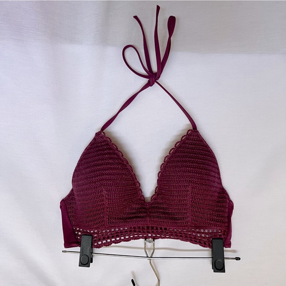 Crochet Triangle Dark Burgundy Neck Tie Bikini Top - Picture 1 of 4